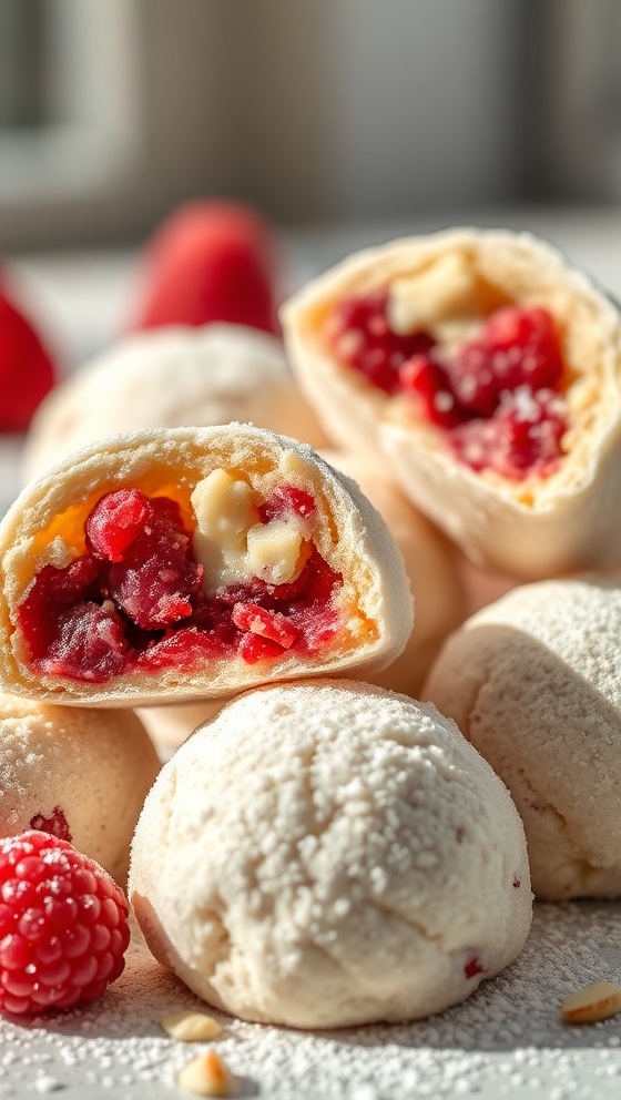 Raspberry Filled Almond Snowball Cookies