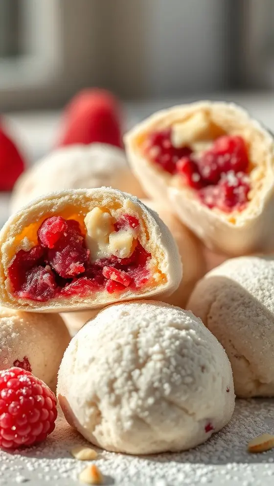 Raspberry Filled Almond Snowball Cookies
